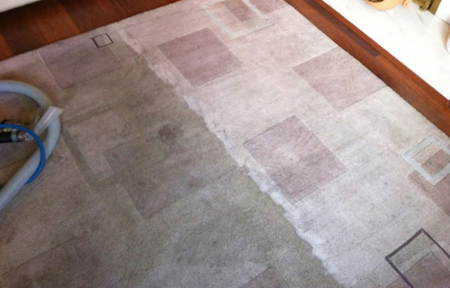 "Dirt Busters performing thorough rug cleaning, removing dirt from an ornate area rug."